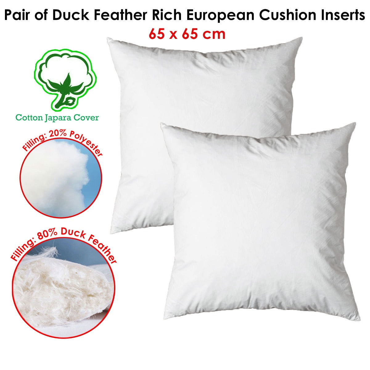 Pair of Duck Feather Rich Fill European Cushion Inserter 65 x 65 cm - Newstart Furniture