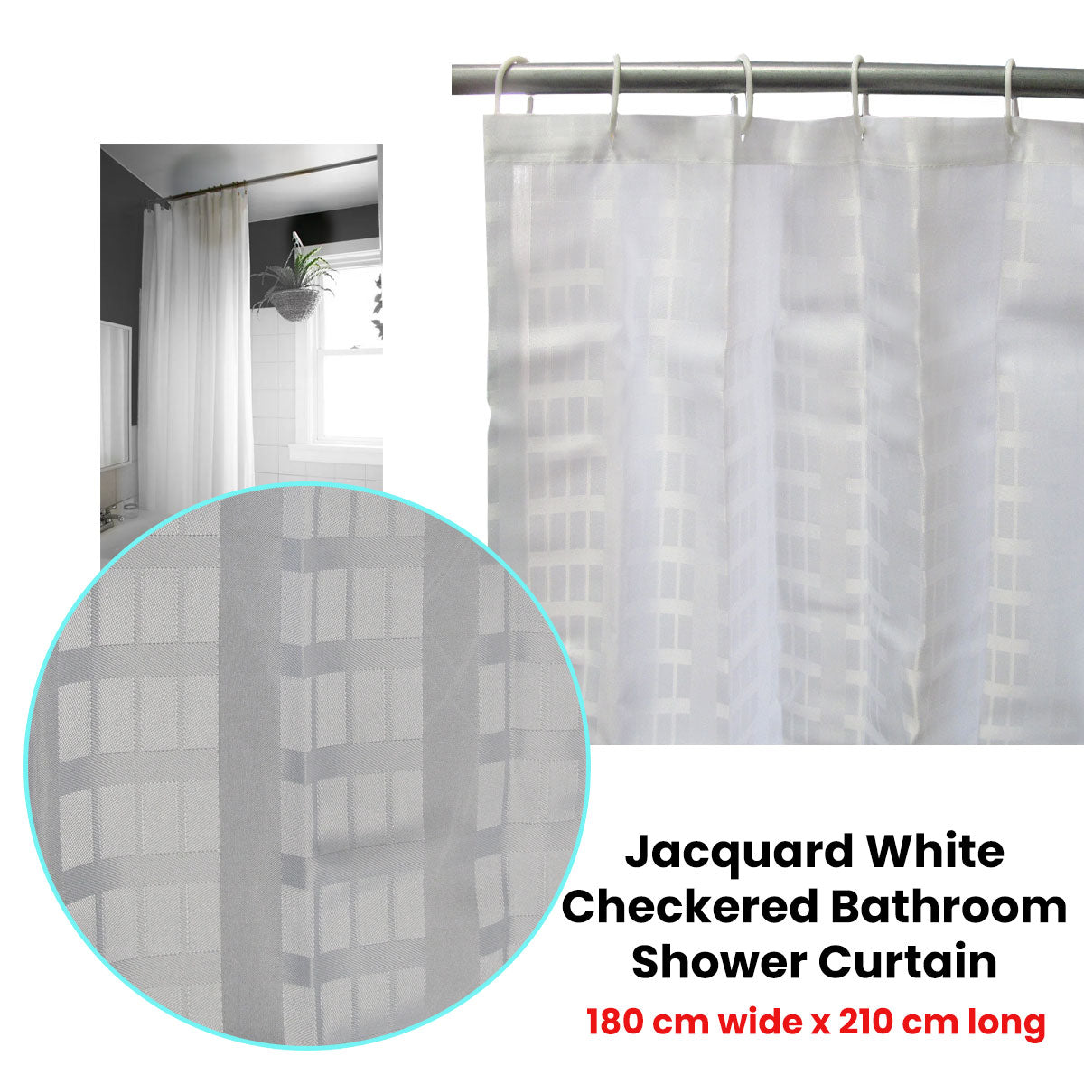 Jacquard White Checkered Bathroom Shower Curtain 180cm wide x 210 cm long - Newstart Furniture
