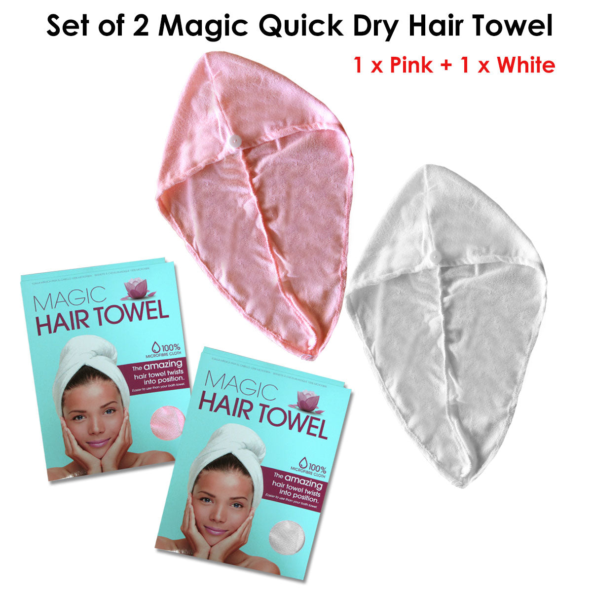 Set of 2 Magic Quick Dry Microfibre Hair Dryer Towels Pink + White - Newstart Furniture
