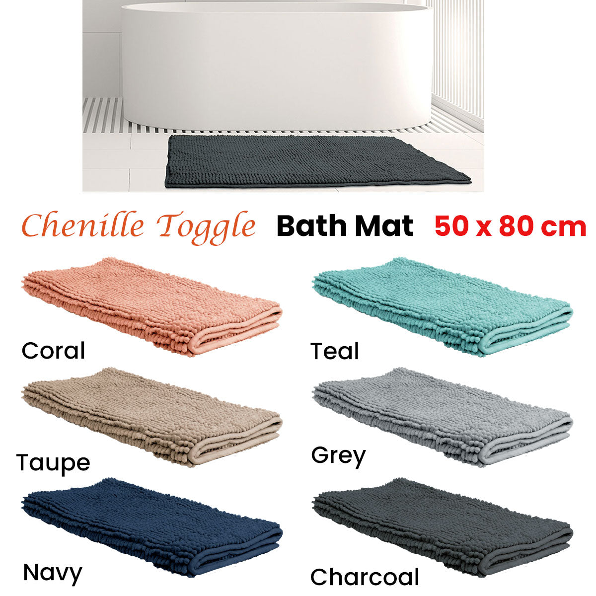 Chenille Toggle Bath Mat 50 x 80cm Grey - Newstart Furniture
