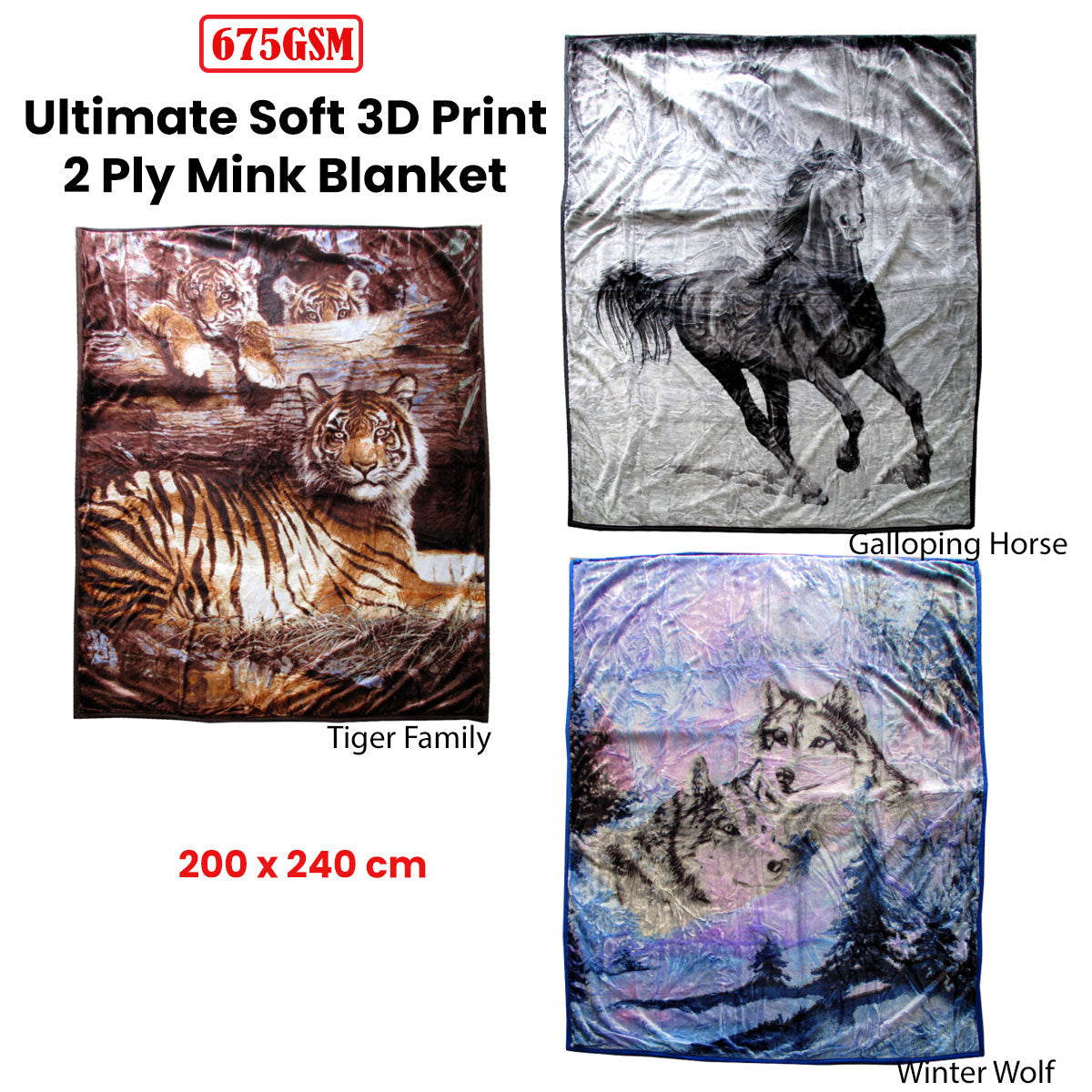 675gsm 2 Ply 3D Print Faux Mink Blanket Queen 200x240 cm Tiger Family - Newstart Furniture