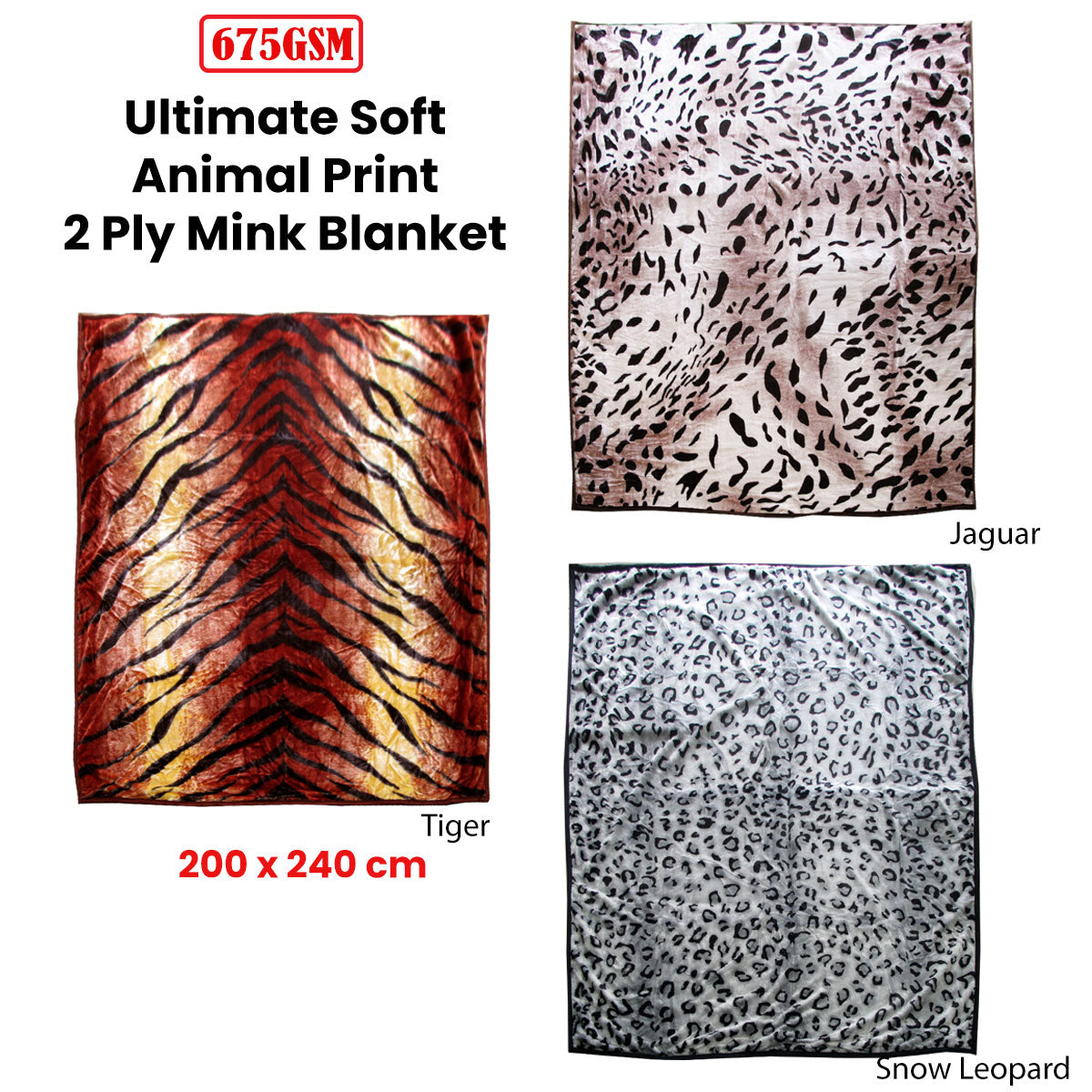 675gsm 2 Ply Animal Print Faux Mink Blanket Queen 200x240 cm Jaguar - Newstart Furniture