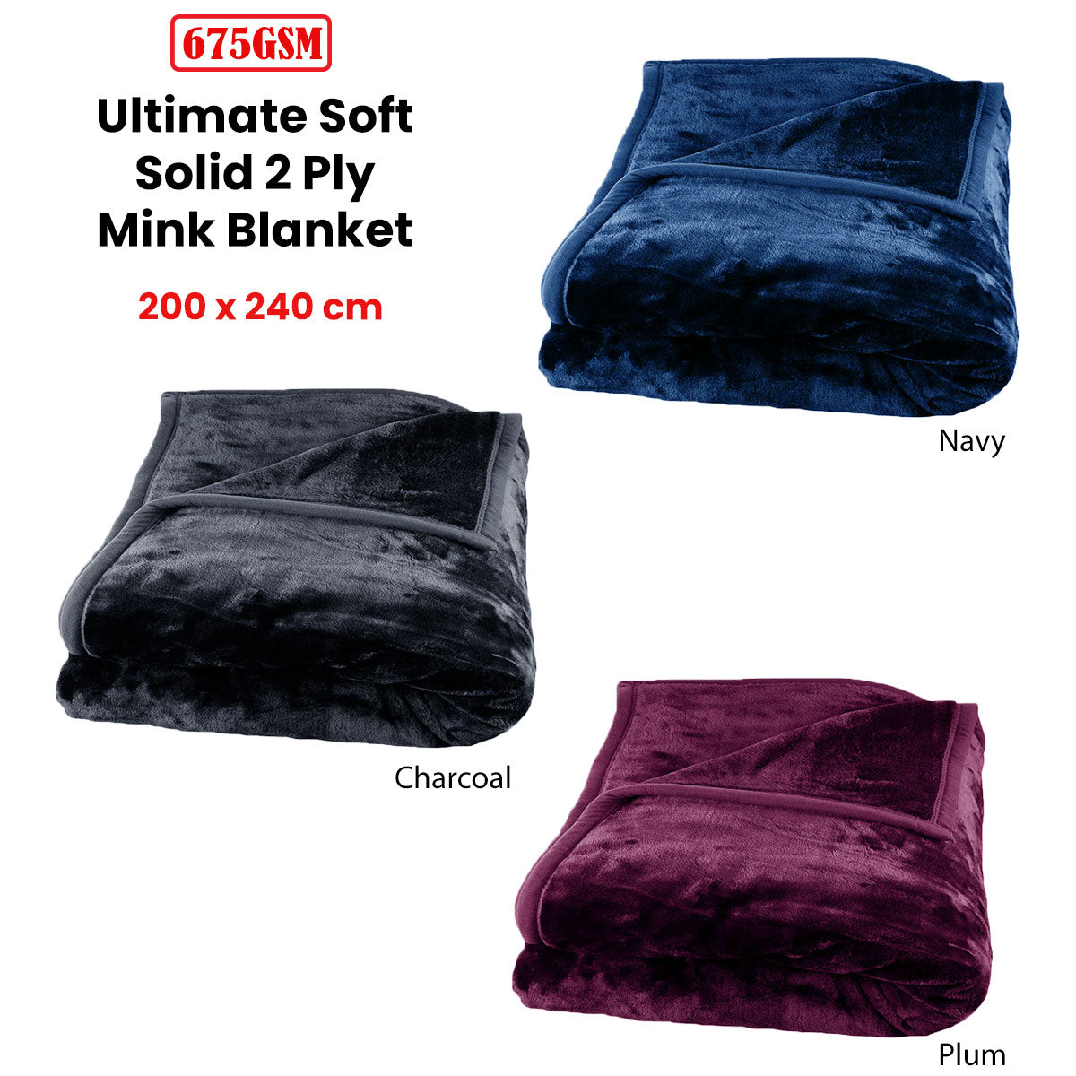 675gsm 2 Ply Solid Faux Mink Blanket Queen 200x240 cm Navy - Newstart Furniture