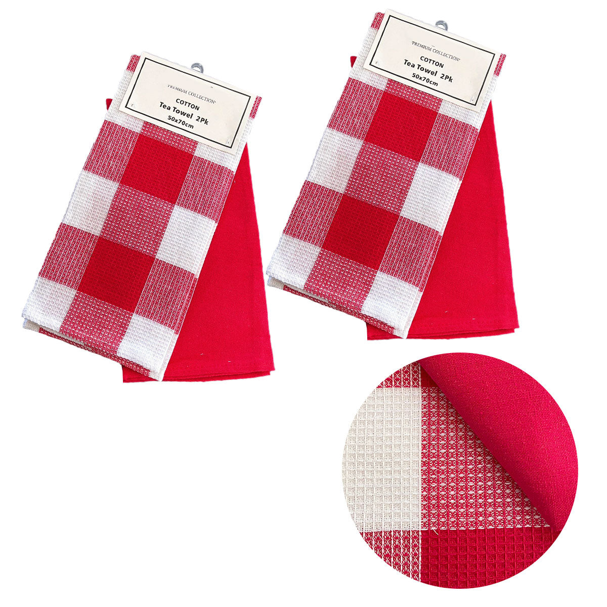 Set of 4 Cotton Waffle Checkered & Plain Dyed Tea Towels 50cm x 70cm Red - Newstart Furniture