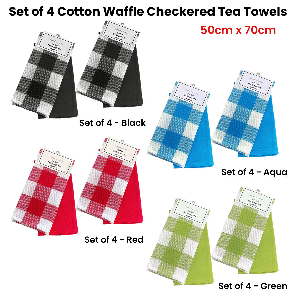 Set of 4 Cotton Waffle Checkered & Plain Dyed Tea Towels 50cm x 70cm Red - Newstart Furniture