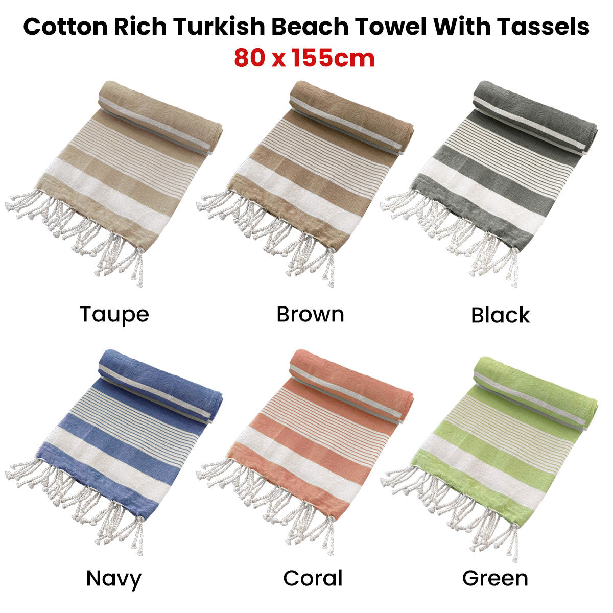 Cotton Rich Large Turkish Beach Towel with Tassels 80cm x 155cm Black - Newstart Furniture