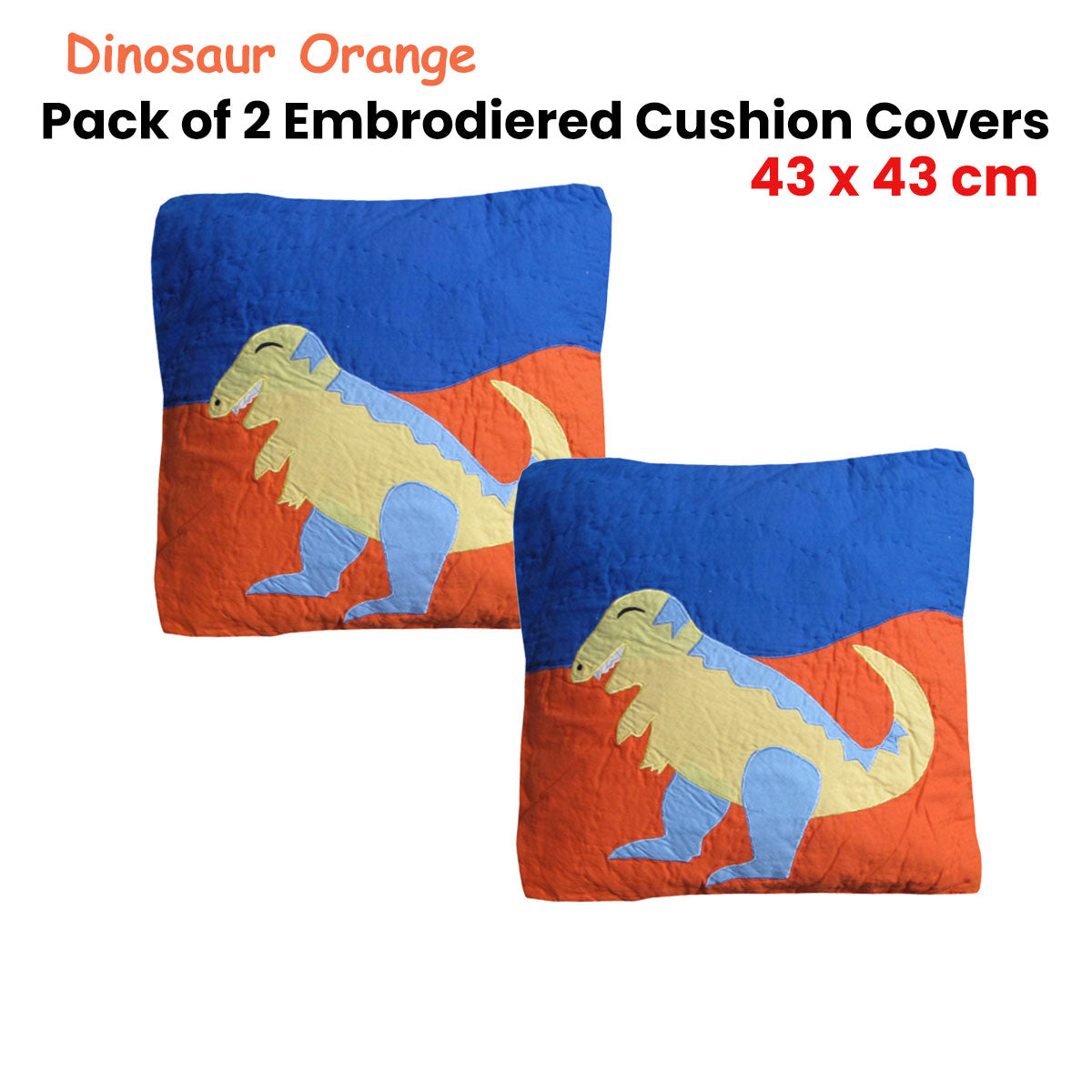 Pack of 2 Dinosaur Embroidered Quilted Cushion Covers 43 x 43 cm - Newstart Furniture