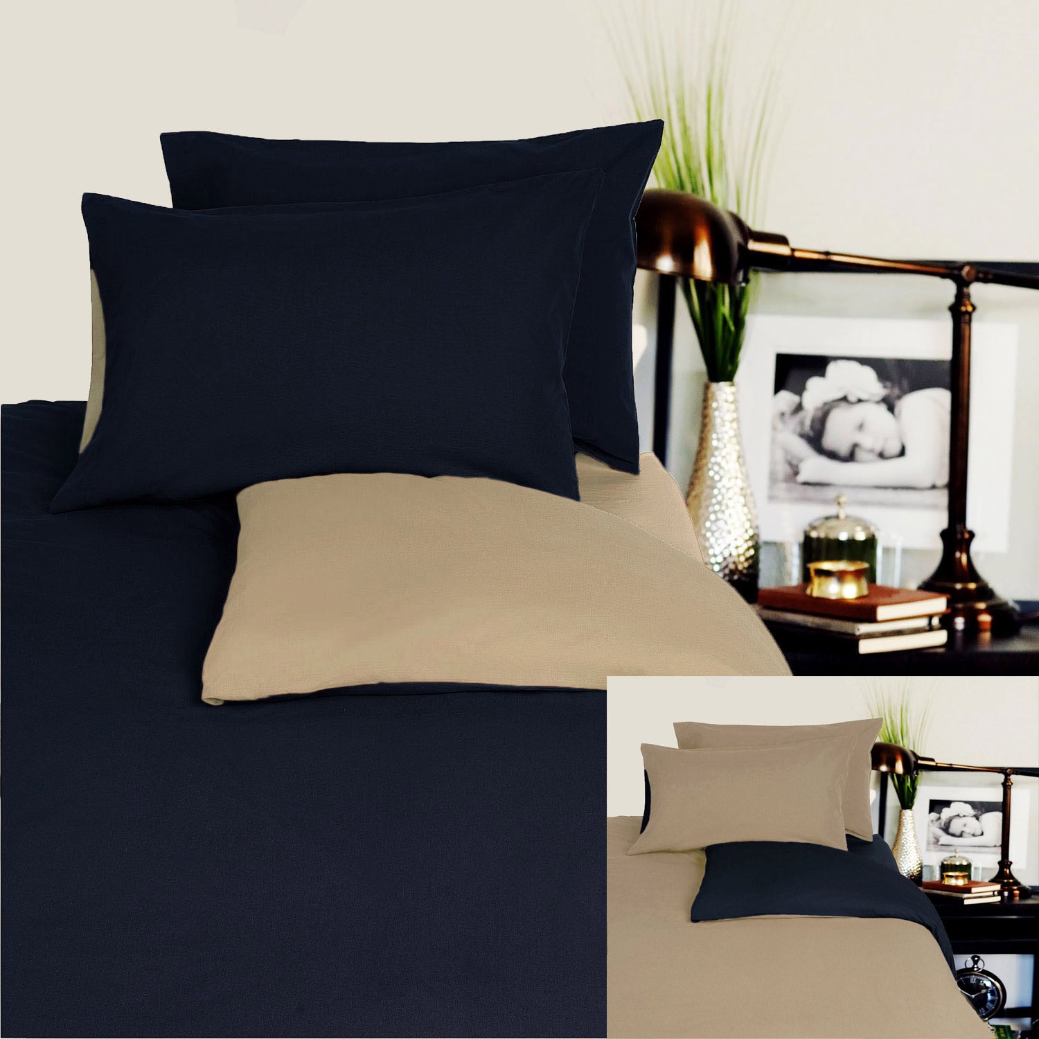 Hotel Living Reversible 100% Cotton JERSEY Quilt Cover Set Black / Latte - QUEEN - Newstart Furniture