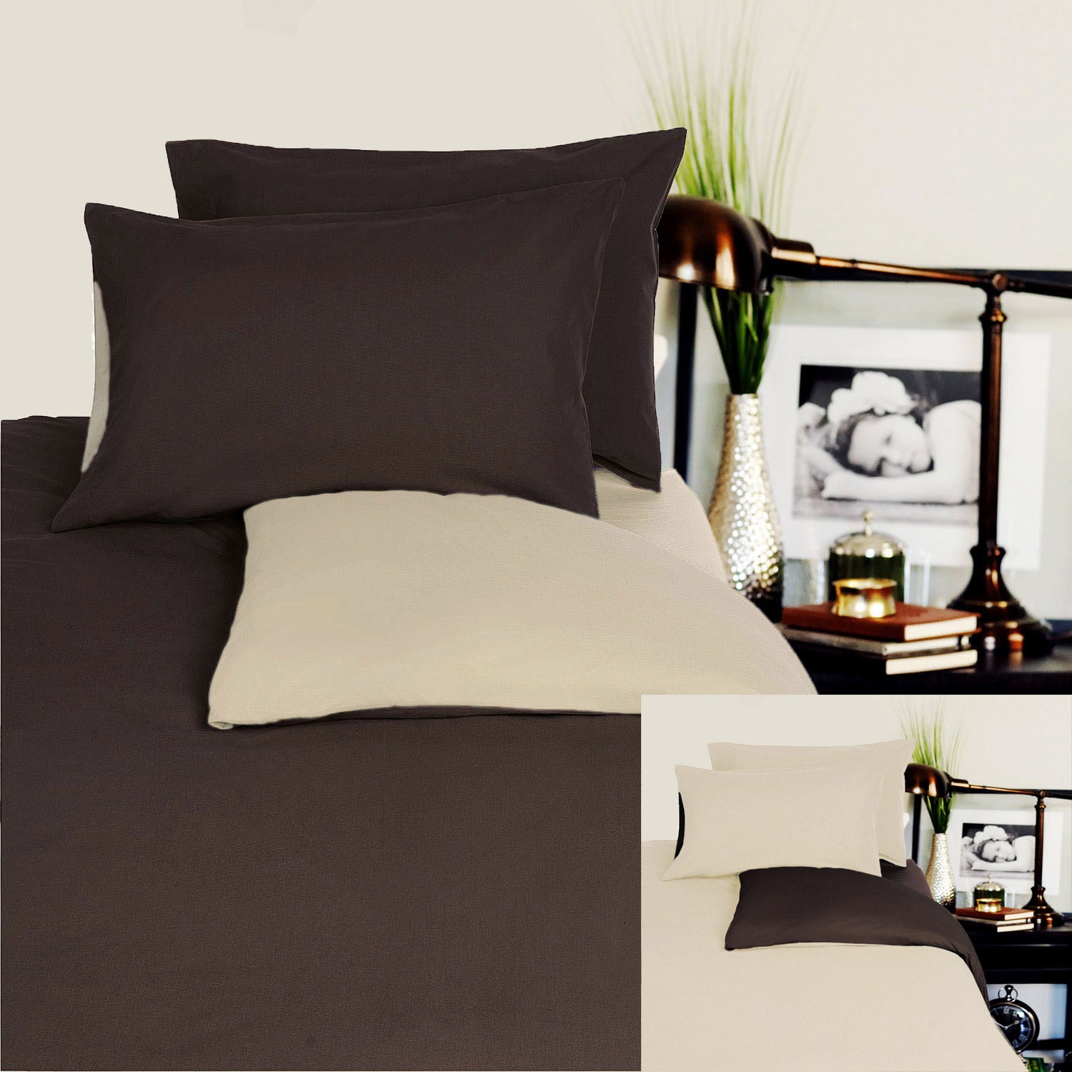 Hotel Living Reversible 100% Cotton JERSEY Quilt Cover Set Chocolate / Linen - DOUBLE - Newstart Furniture