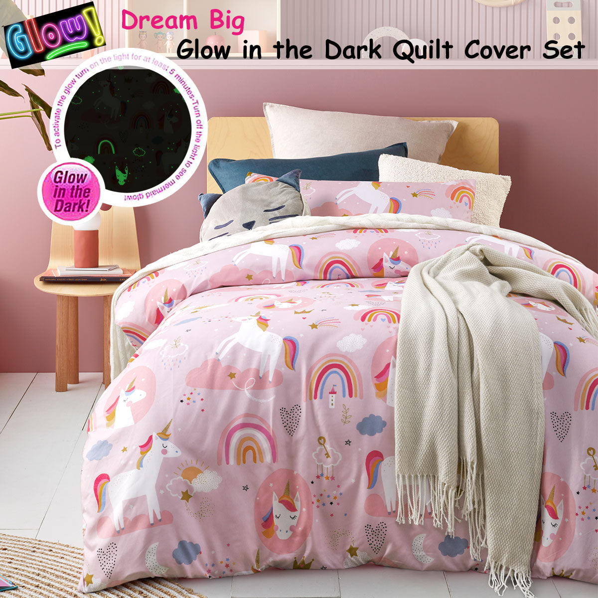 Happy Kids Dream Big Glow in the Dark Quilt Cover Set Double - Newstart Furniture