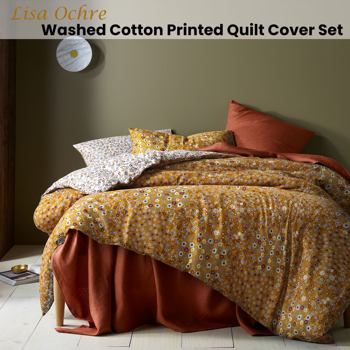 Accessorize Lisa Ochre Washed Cotton Printed Quilt Cover Set King - Newstart Furniture