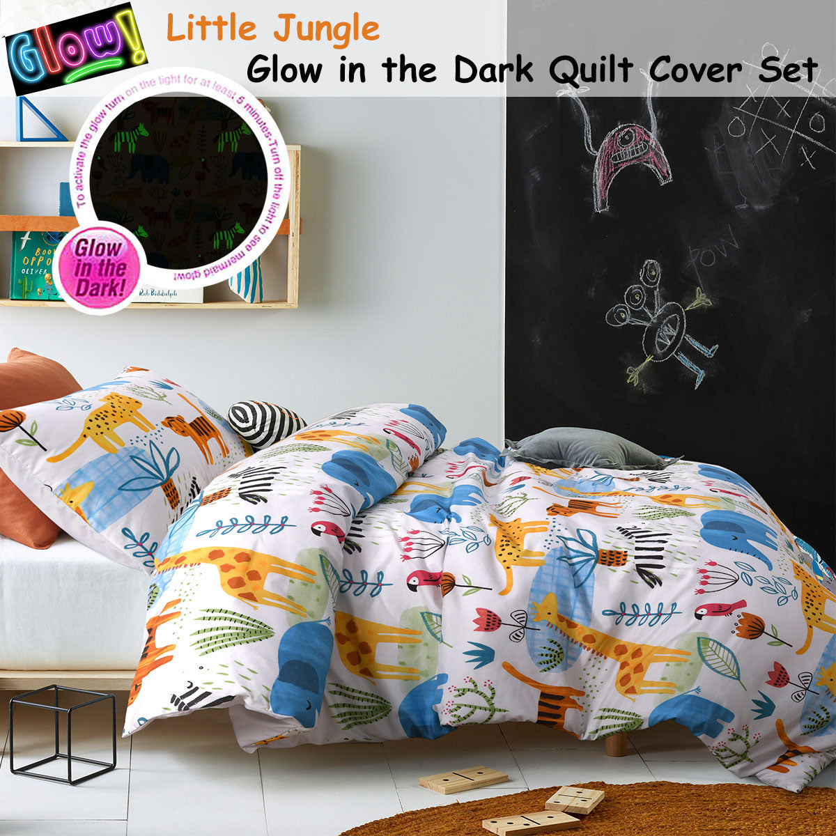 Happy Kids Little Jungle Glow in the Dark Quilt Cover Set Single - Newstart Furniture