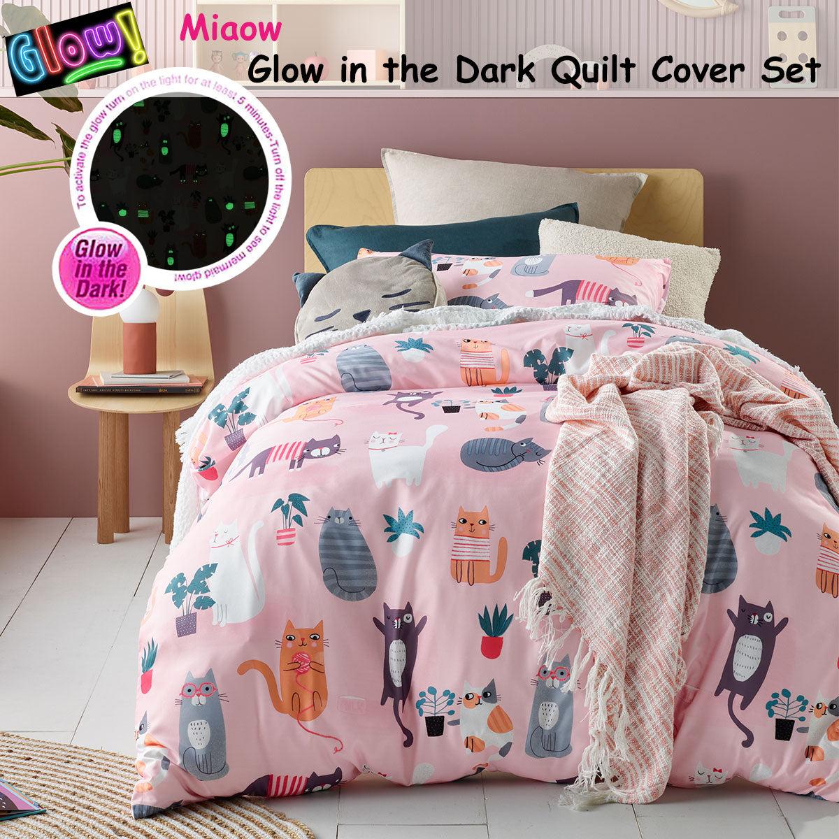 Happy Kids Miaow Glow in the Dark Quilt Cover Set Double - Newstart Furniture