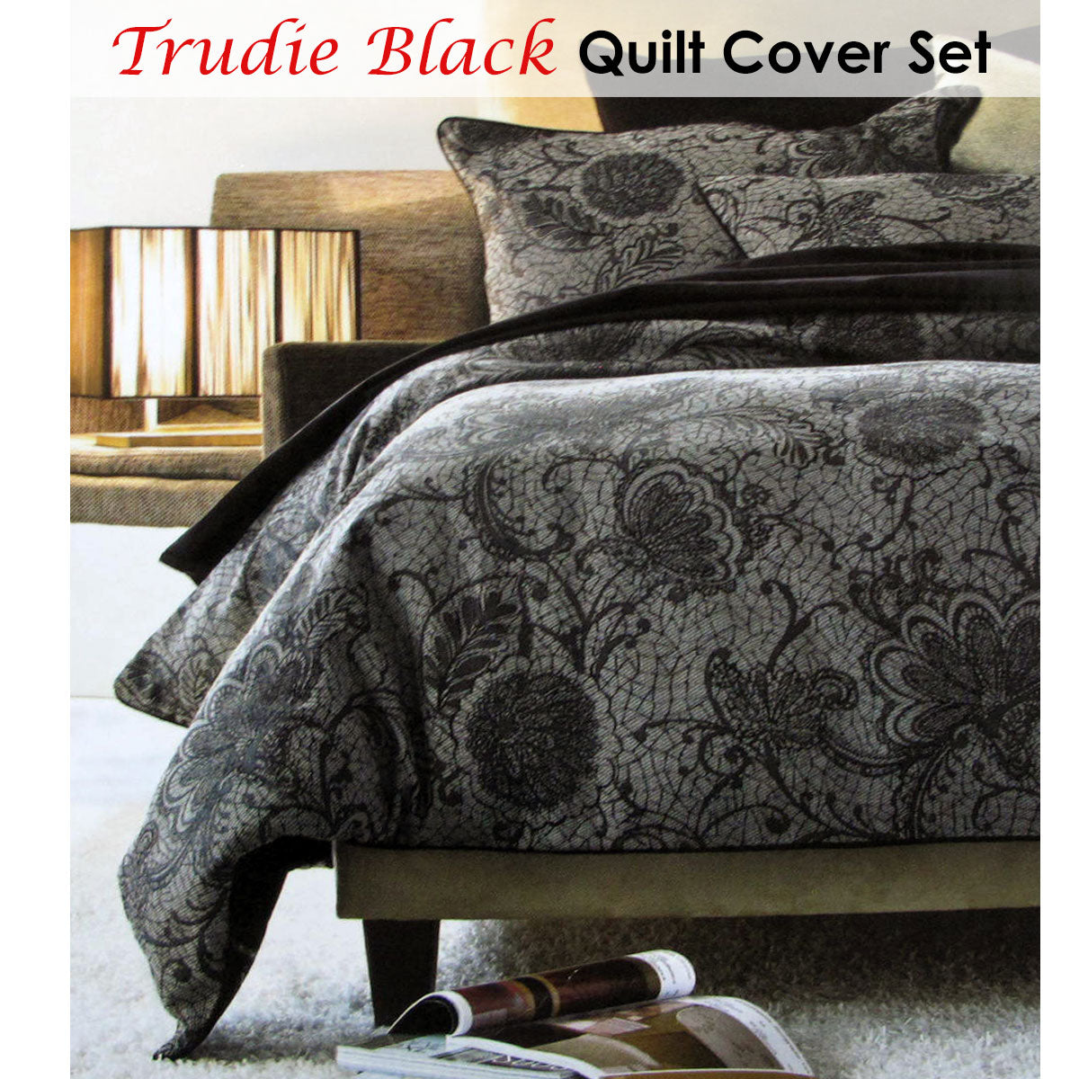 Accessorize Trudie Black Jacquard Quilt Cover Set Single - Newstart Furniture