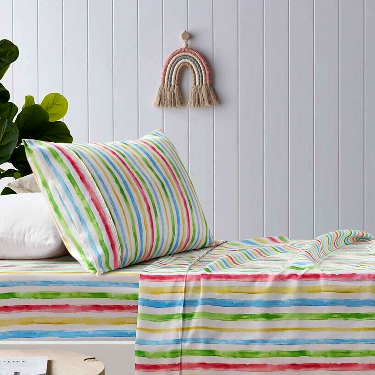 Happy Kids Multi Stripes Printed Microfibre Sheet Set Double - Newstart Furniture