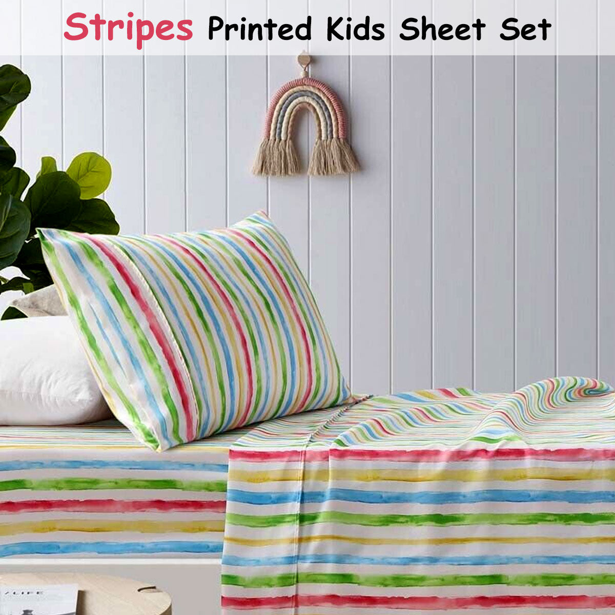 Happy Kids Multi Stripes Printed Microfibre Sheet Set Double - Newstart Furniture