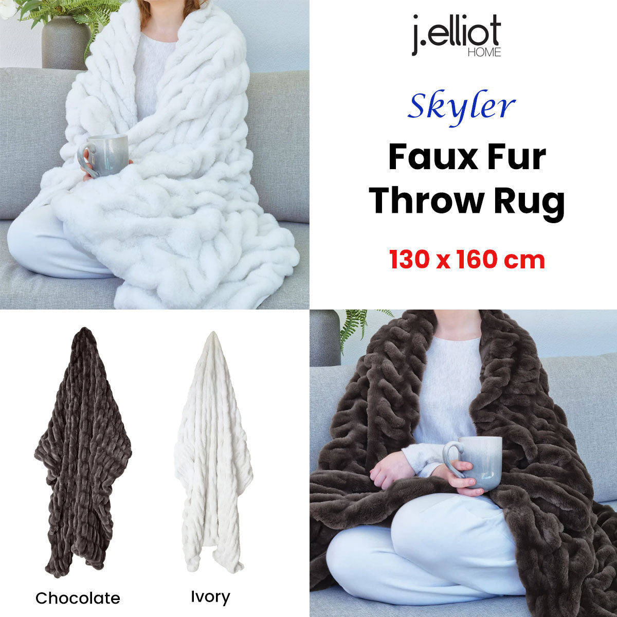 J Elliot Home Skyler Ivory Faux Fur Throw Rug 130 x 160cm - Newstart Furniture