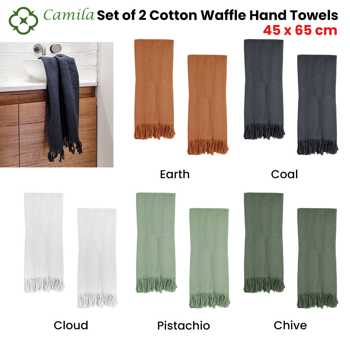 J Elliot Home 400GSM Camila Set of 2 Cotton Waffle Hand Towels 45 x 65 cm Pistachio - Newstart Furniture