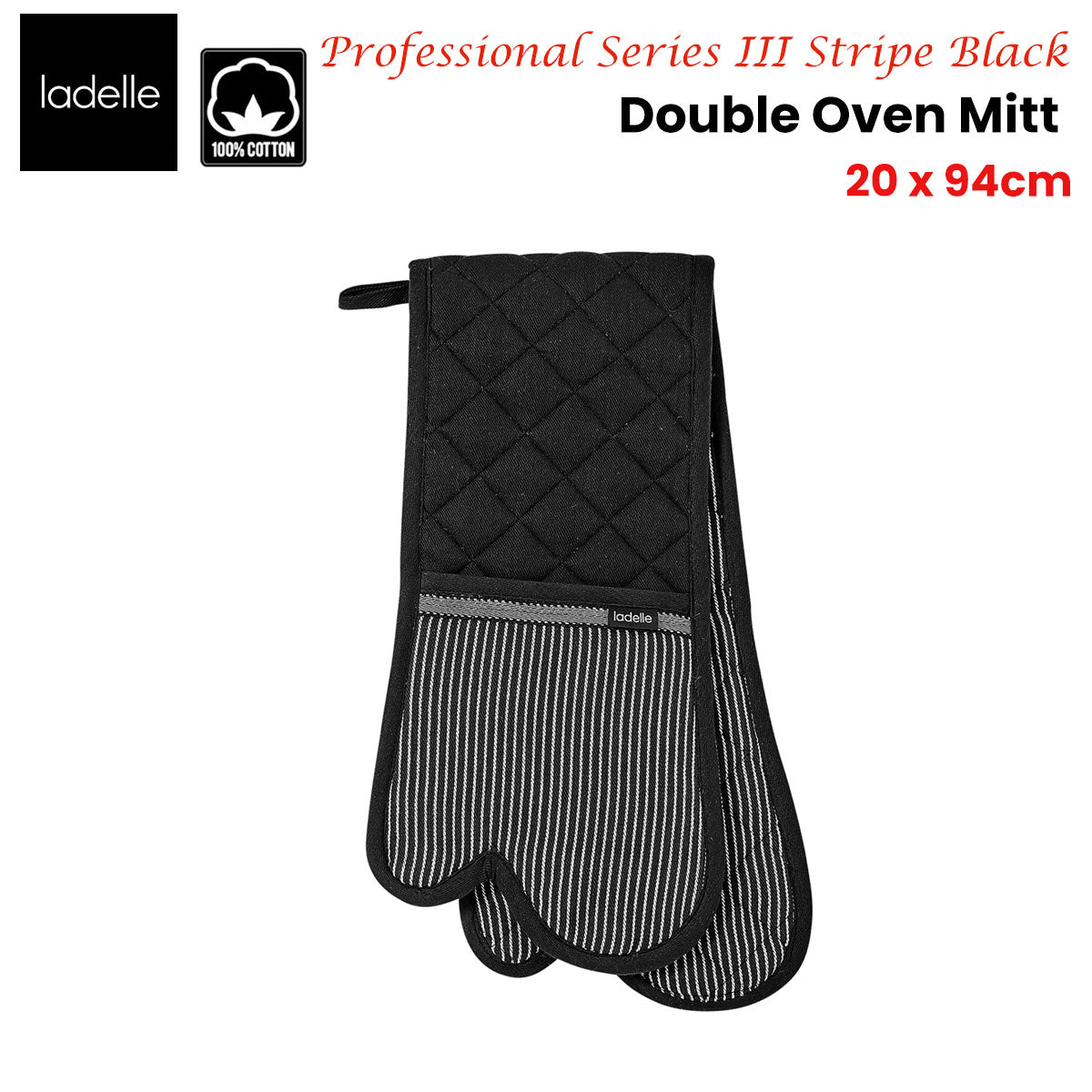 Ladelle Professional Series Stripe Black Double Oven Mitt 20 x 94 cm - Newstart Furniture