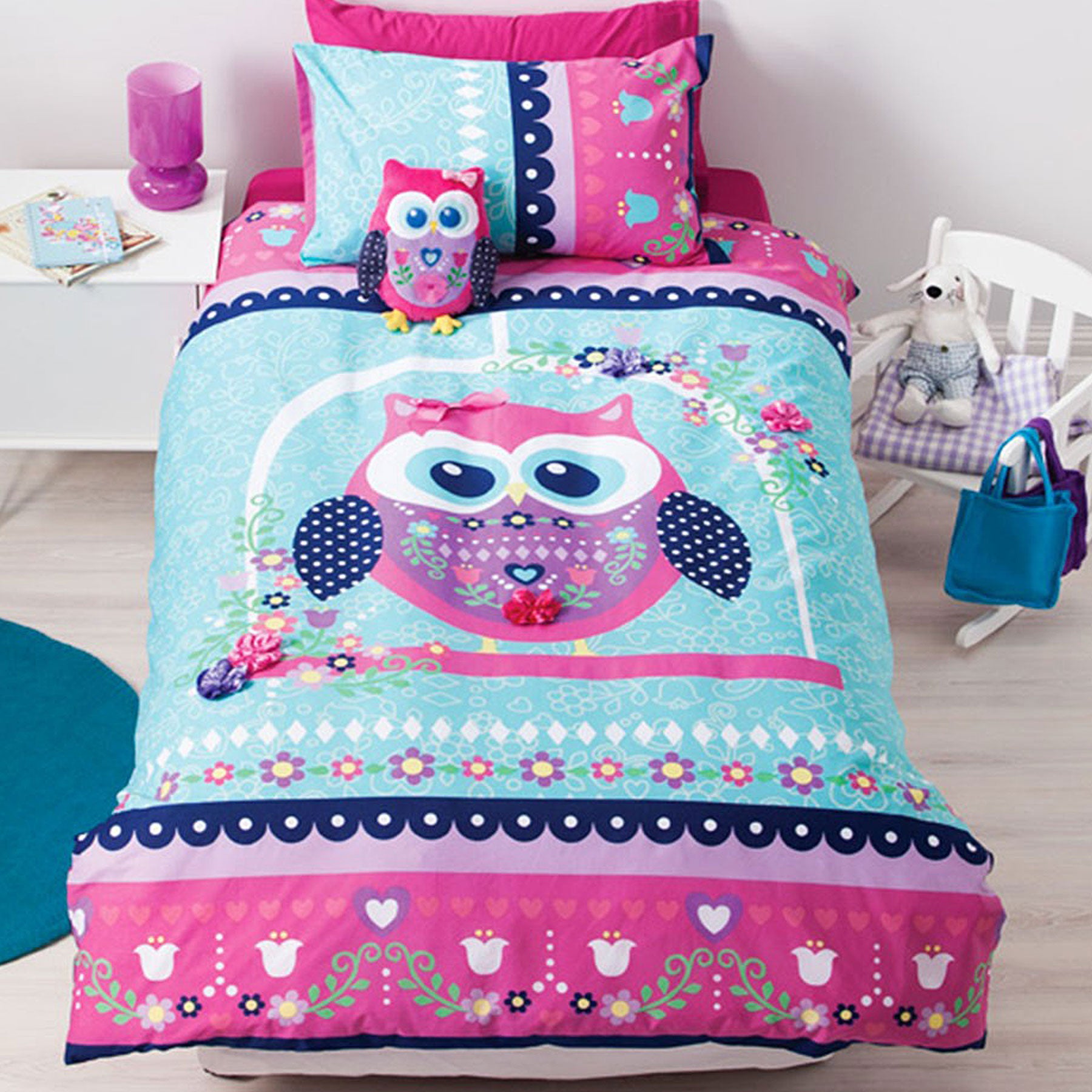 Cubby House Reversible Pretty Owl Quilt Cover Set Single - Newstart Furniture