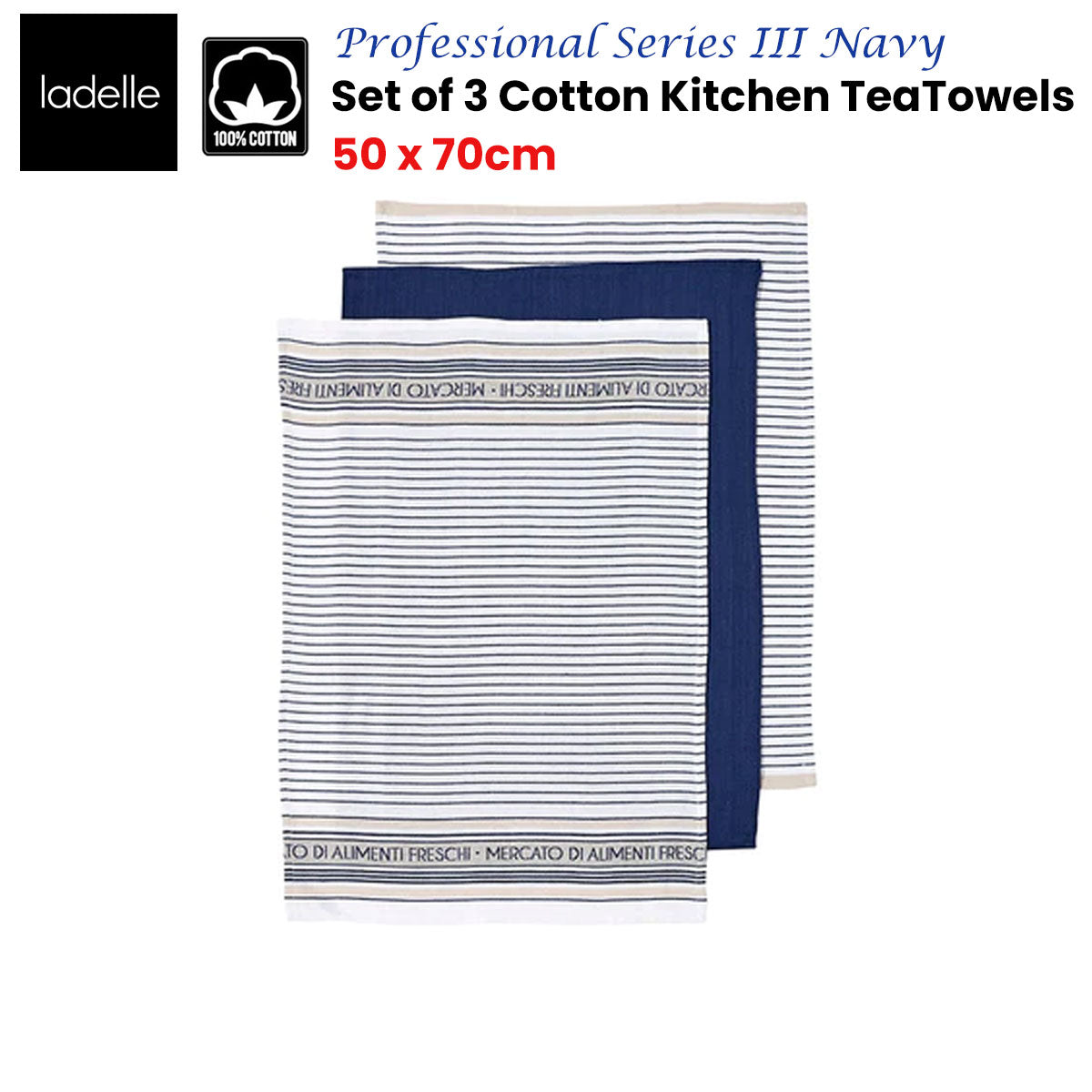 Ladelle Set of 3 Professional Series III Cotton Kitchen Tea Towels Navy 50 x 70 cm - Newstart Furniture