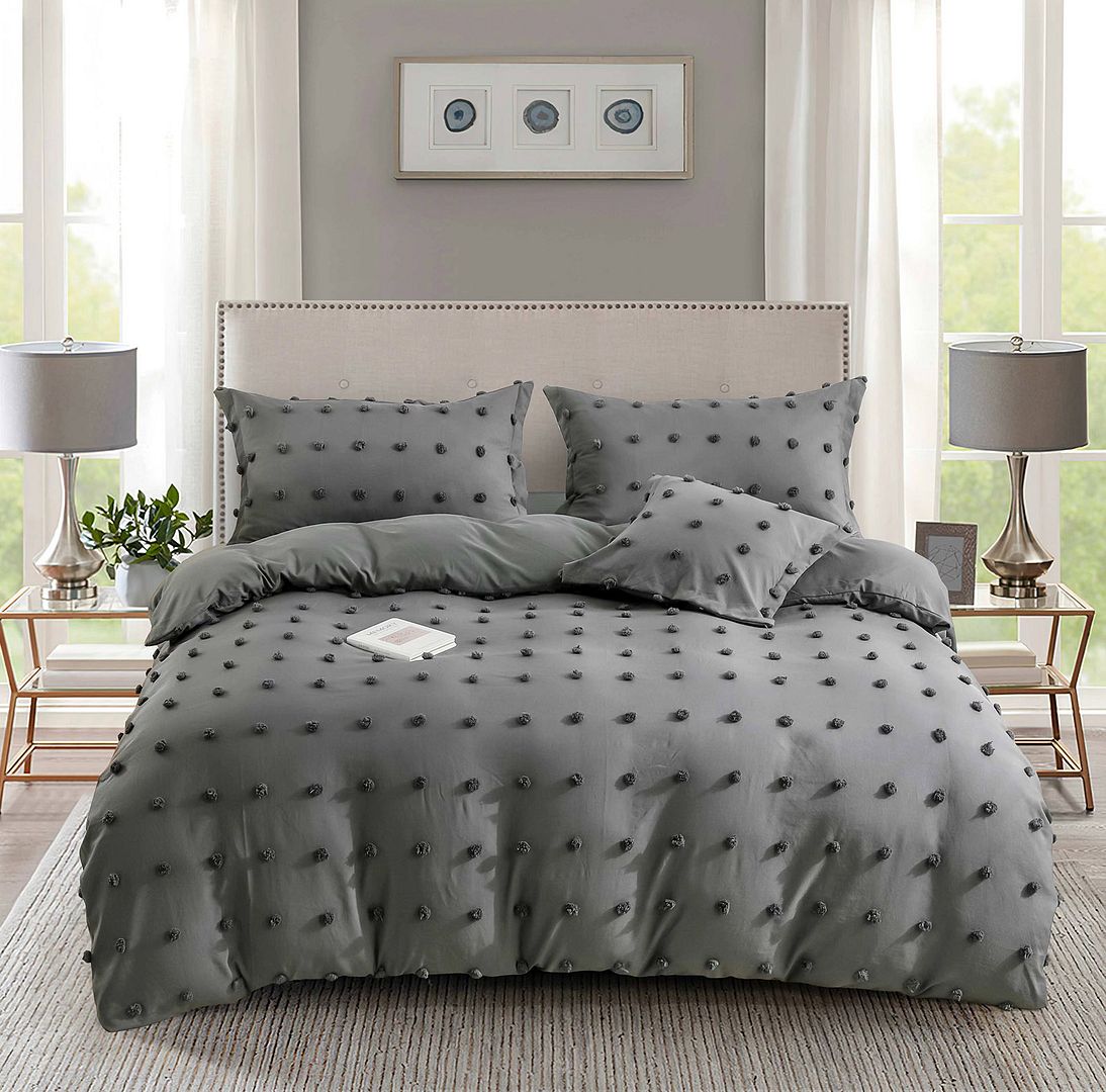 Elegant Grey Tufted Jacquard King Duvet Cover Set