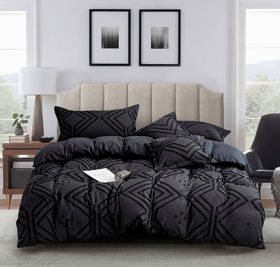 Tufted Jacquard King Duvet Cover Set | Black Embroidery Design