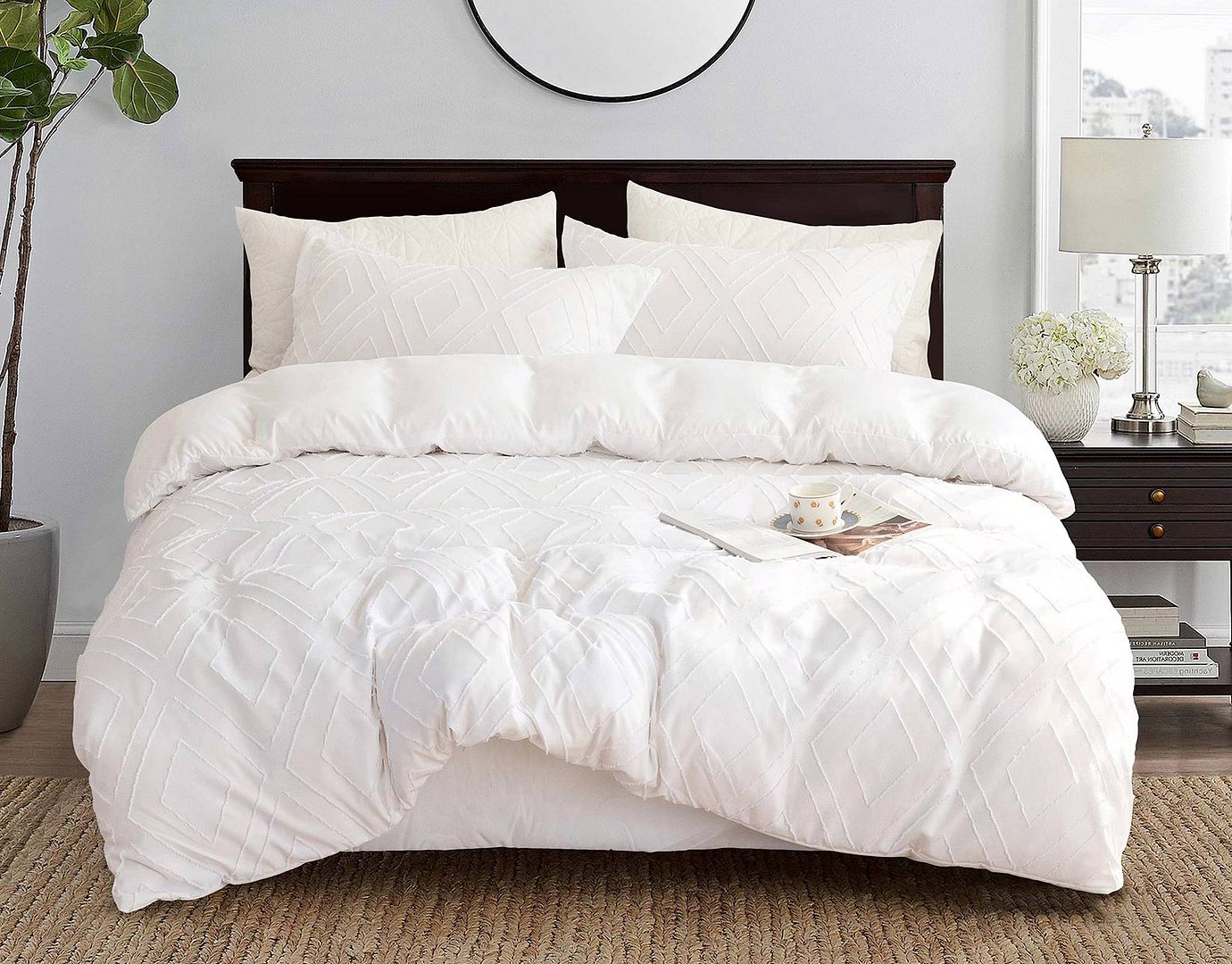 White Tufted Diamond Queen Duvet Cover Set with Pillowcases