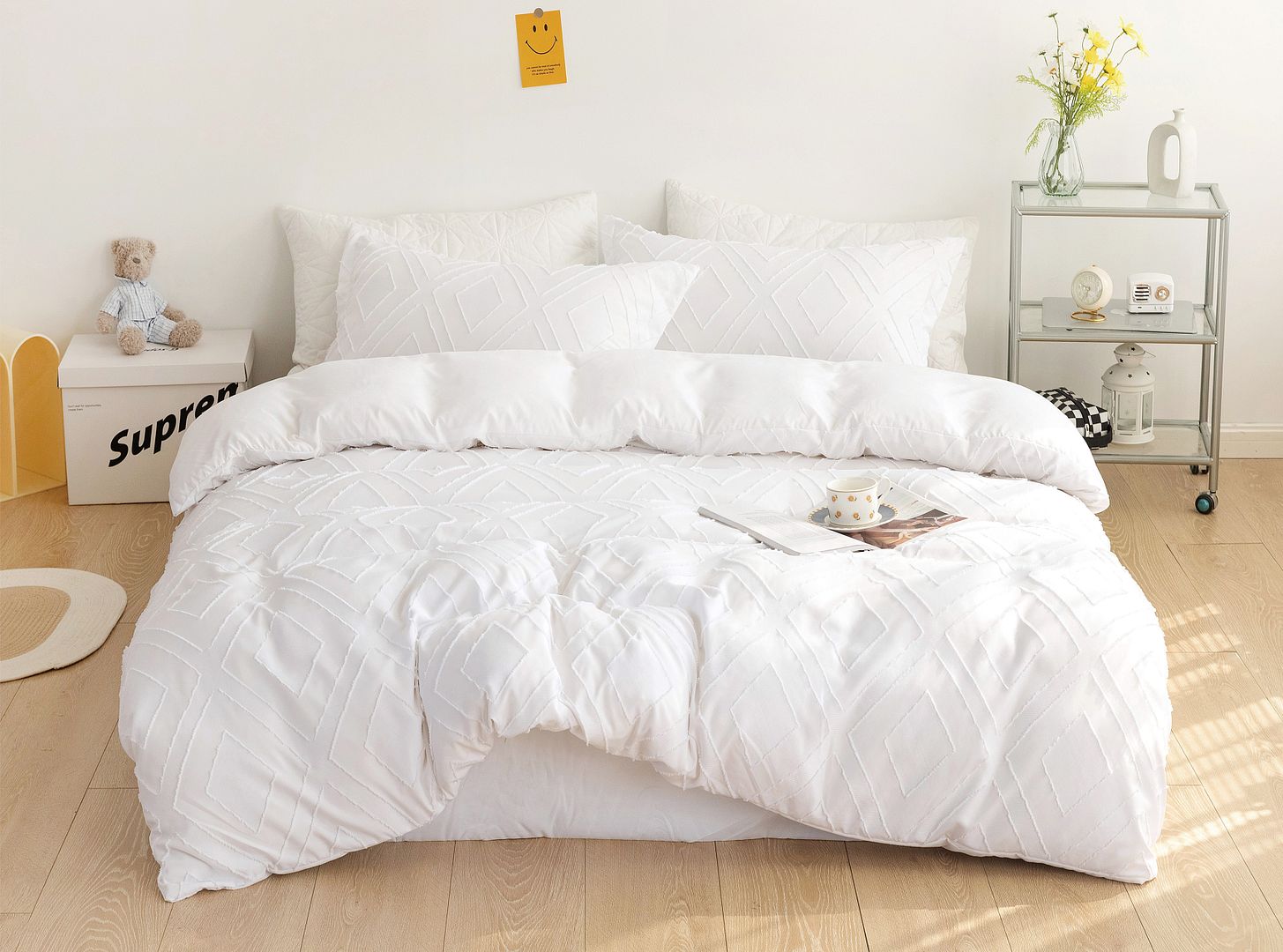 White Tufted Diamond Queen Duvet Cover Set with Pillowcases