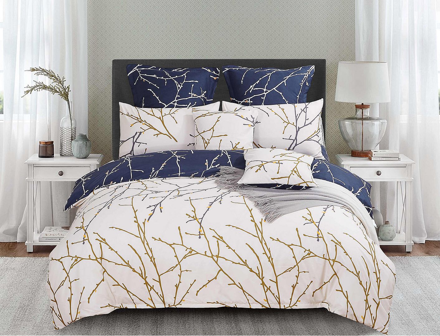 Reversible Blue Double Duvet Cover Set | Tree Design