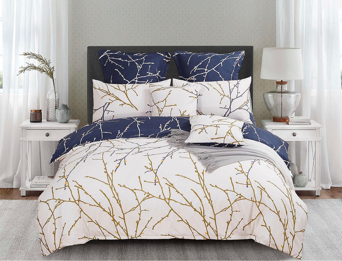 Tree Pattern Reversible Quilt Cover Set | Beige | Double to King