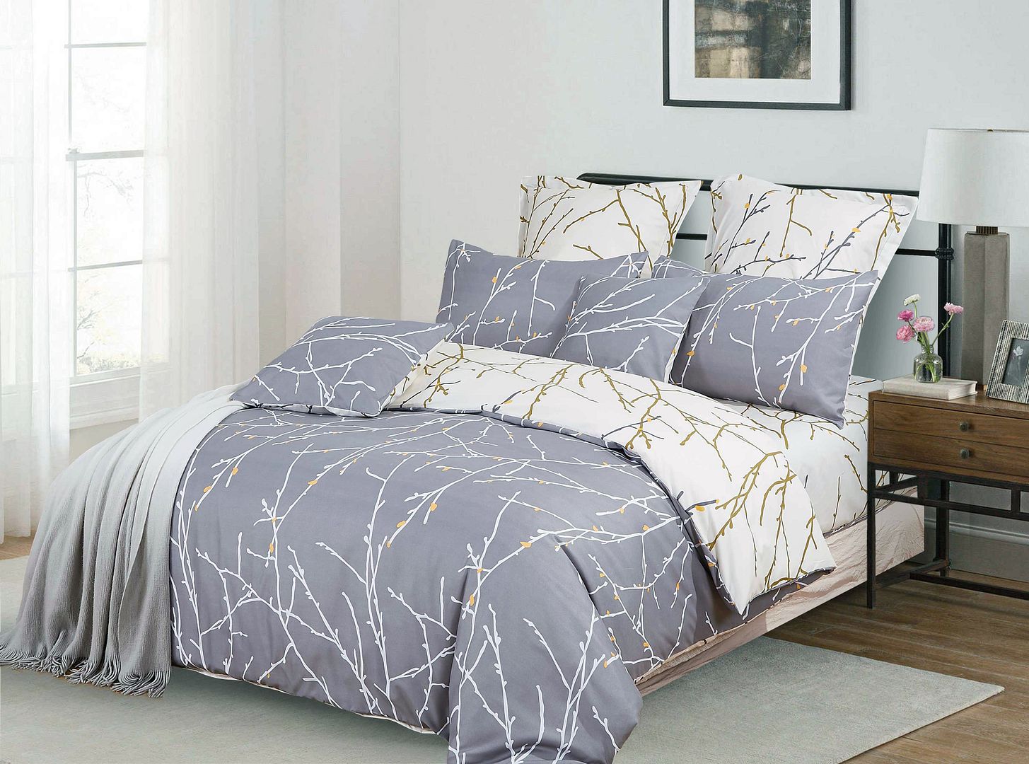 Reversible Grey King Duvet Cover Set with Hidden Zipper