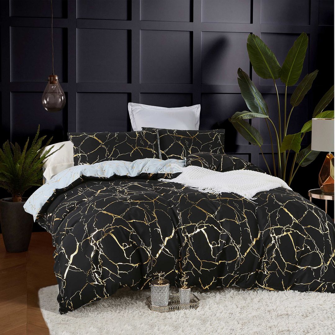 Reversible Queen Size Black Duvet Cover Set | 3 Pieces