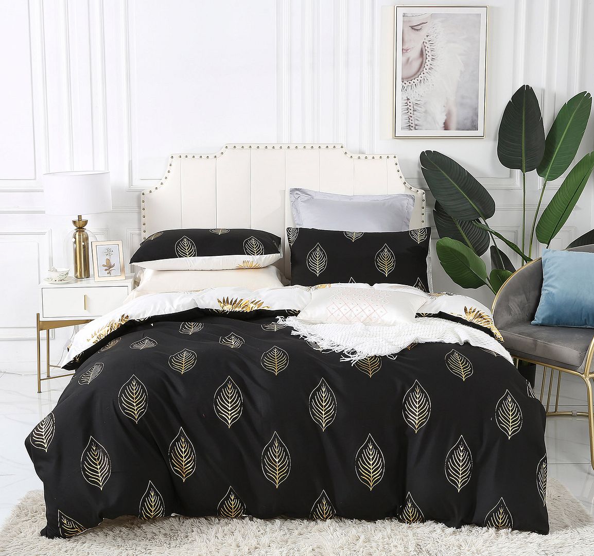 Reversible Queen Duvet Cover Set | Black & Gold Elegance