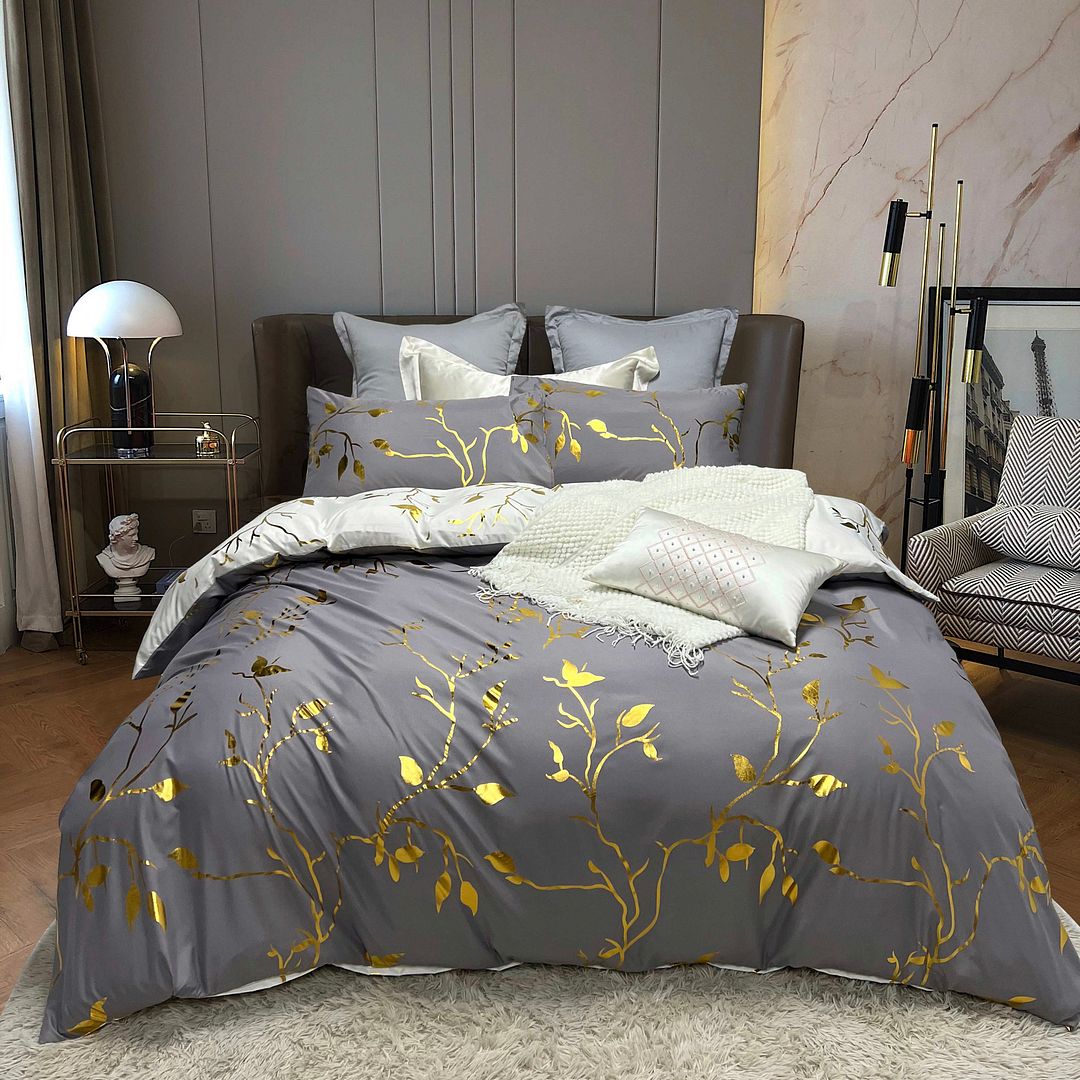 Reversible Grey Leaves Duvet Cover Set | Super King Size