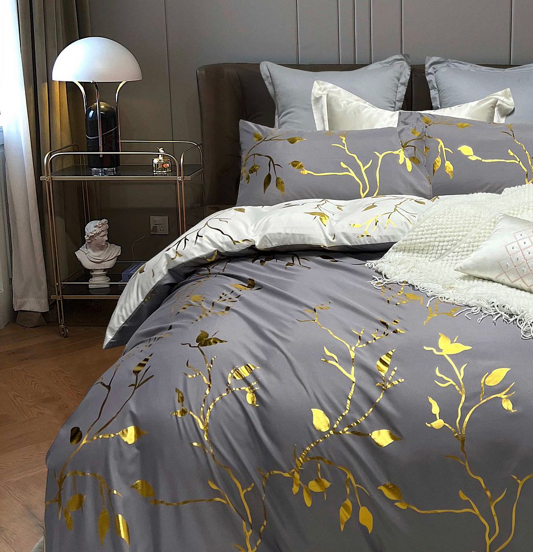 Reversible Grey Leaves Duvet Cover Set | Super King Size