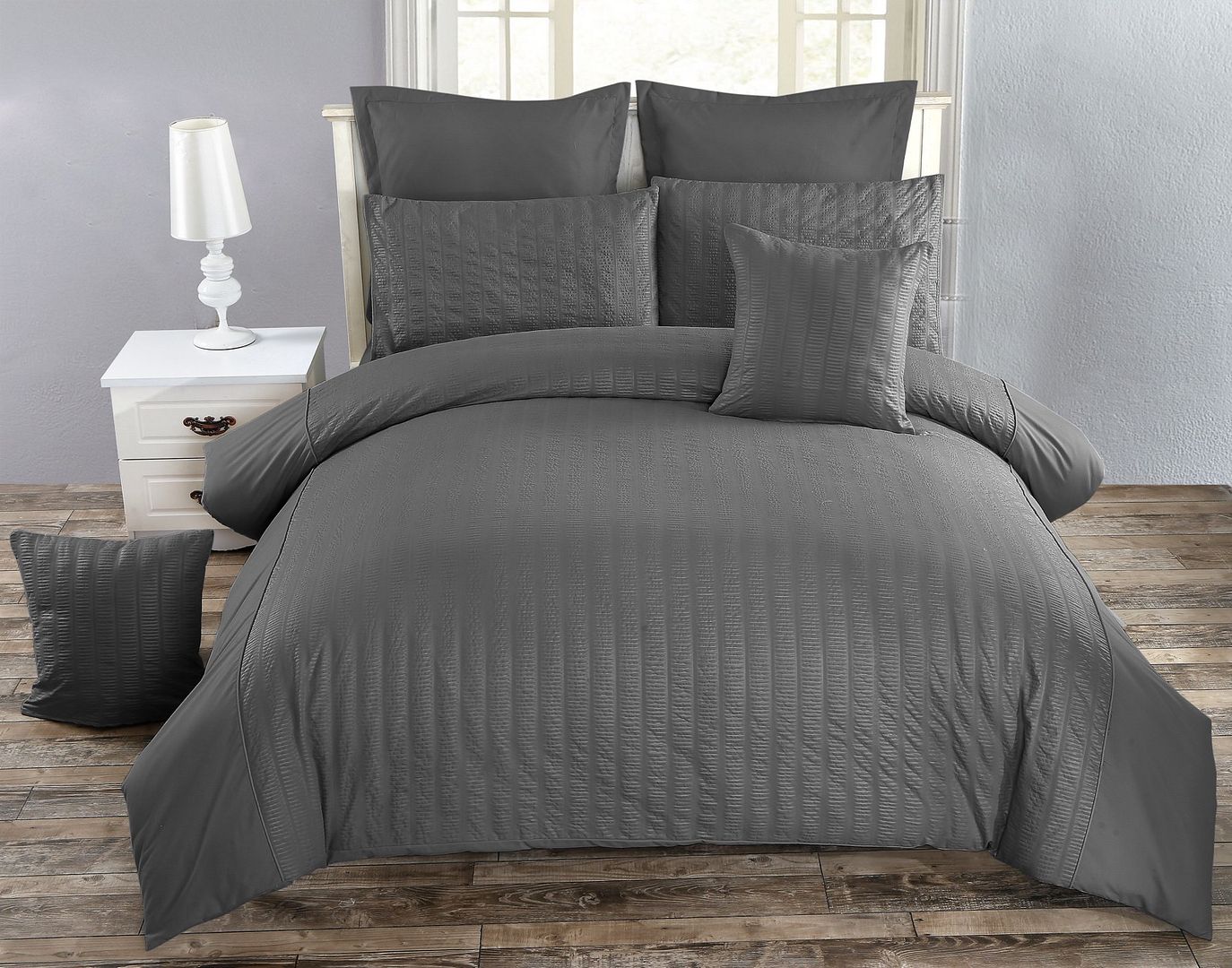 Seersucker Charcoal Duvet Cover Set | Double Size Bedding