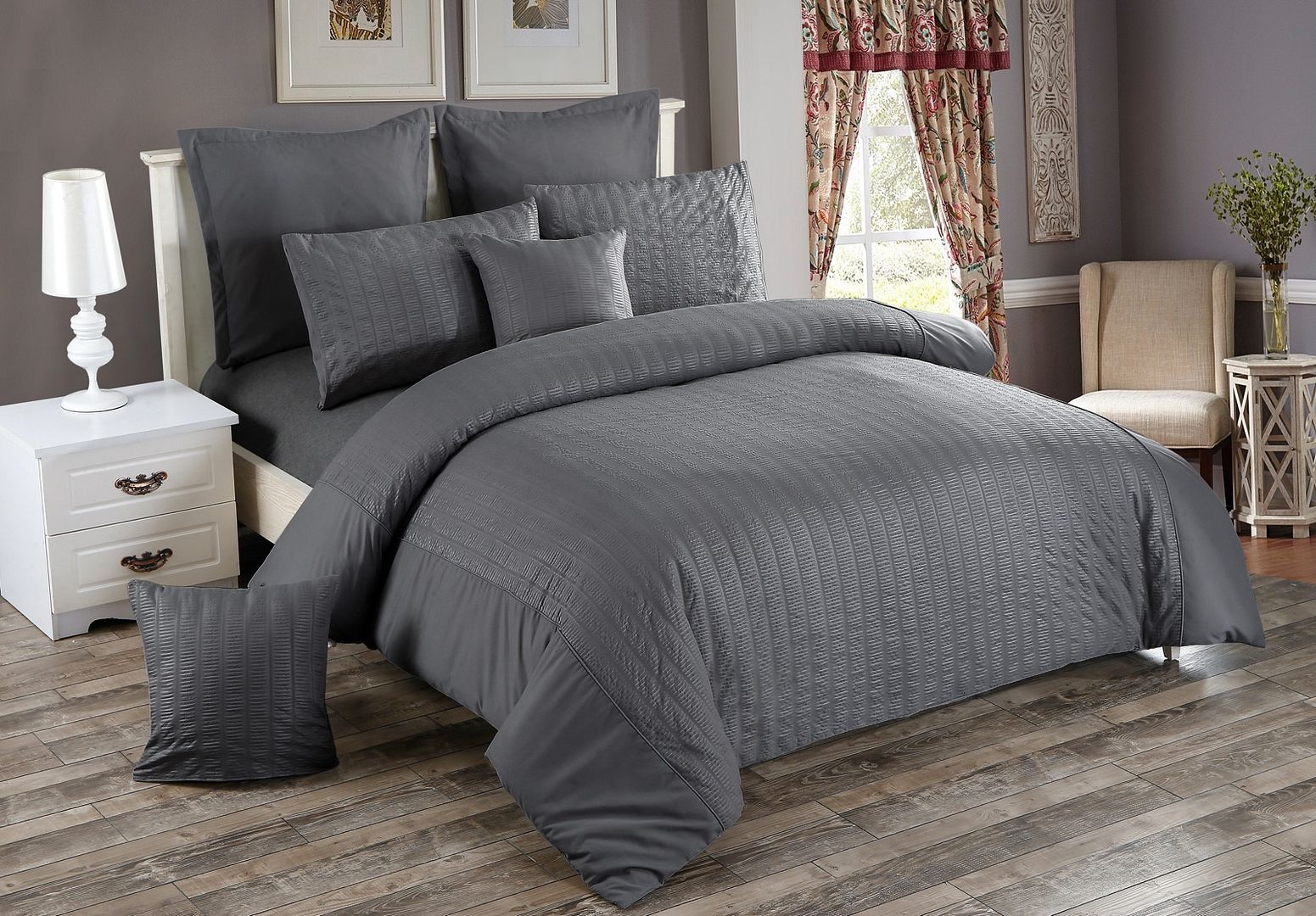 Seersucker Charcoal Duvet Cover Set | Double Size Bedding