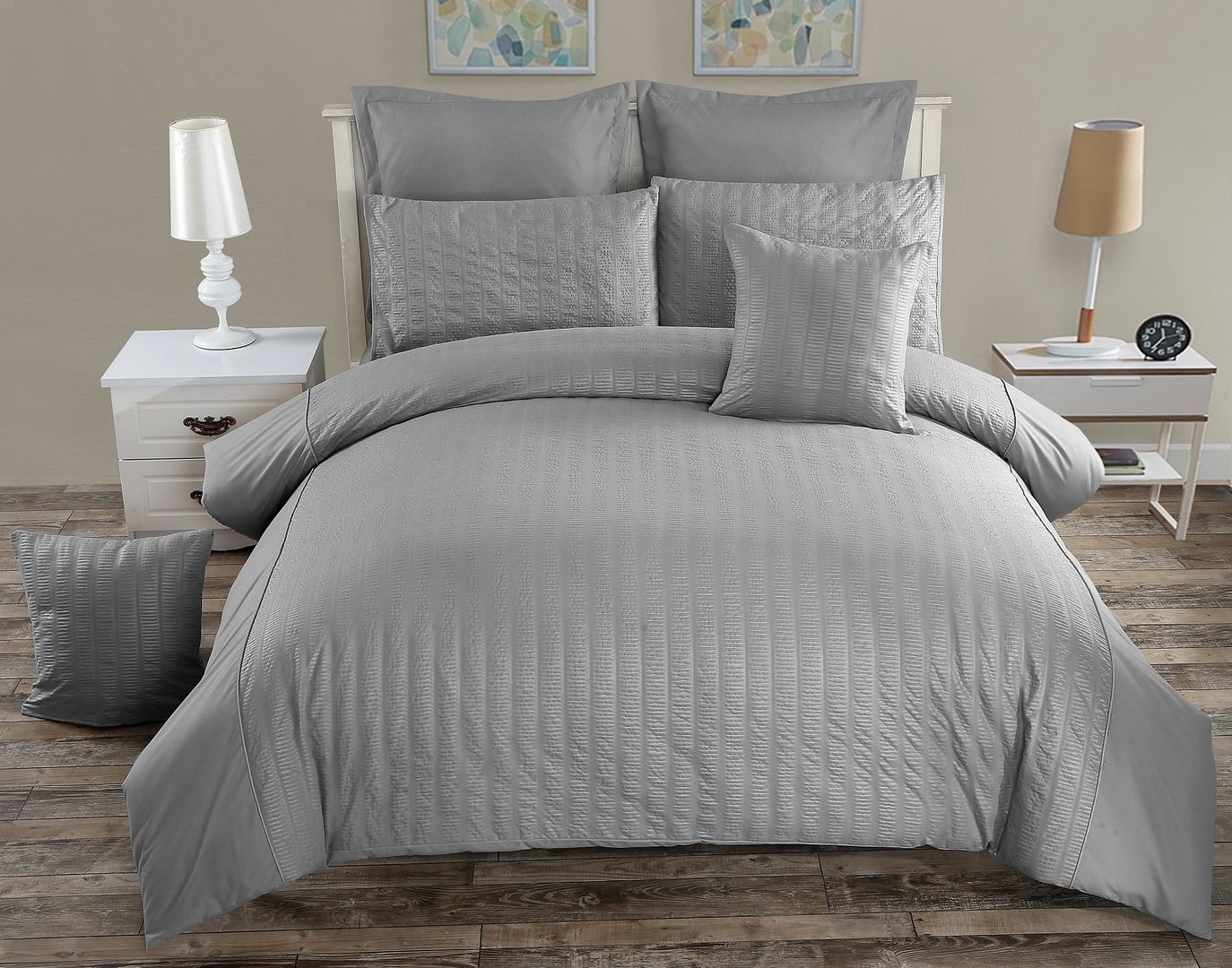 Gray Seersucker King Duvet Cover Set | Soft Microfiber Bedding