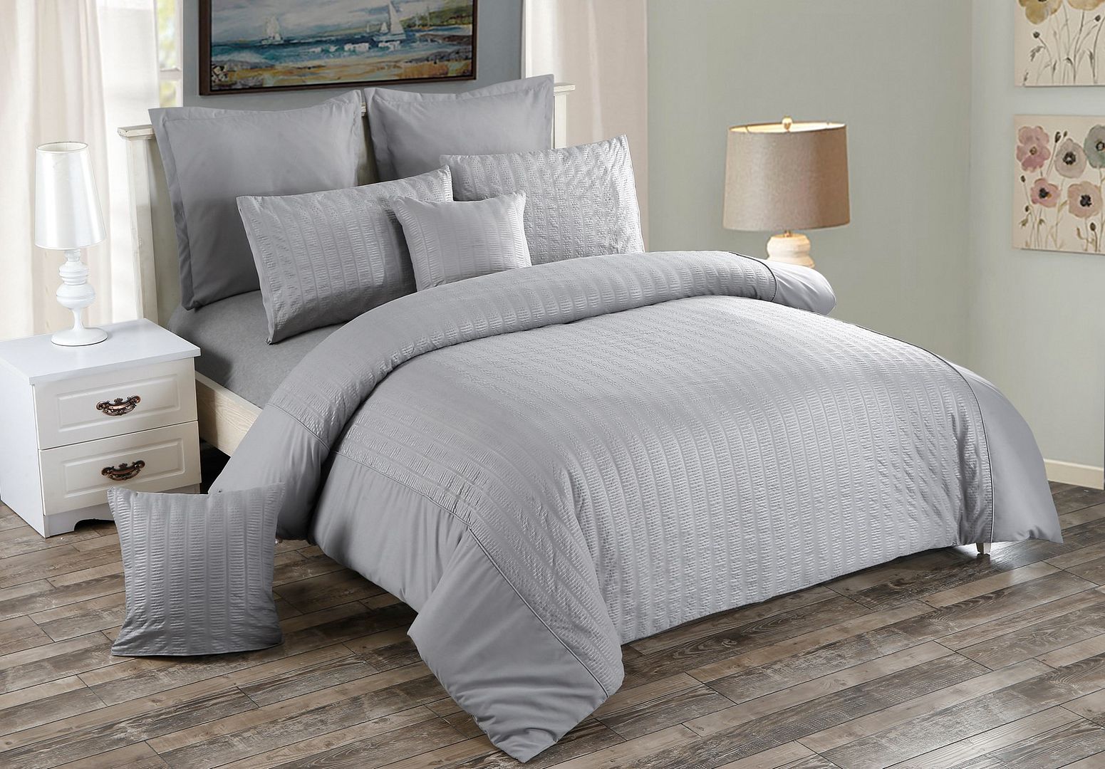 Gray Seersucker King Duvet Cover Set | Soft Microfiber Bedding