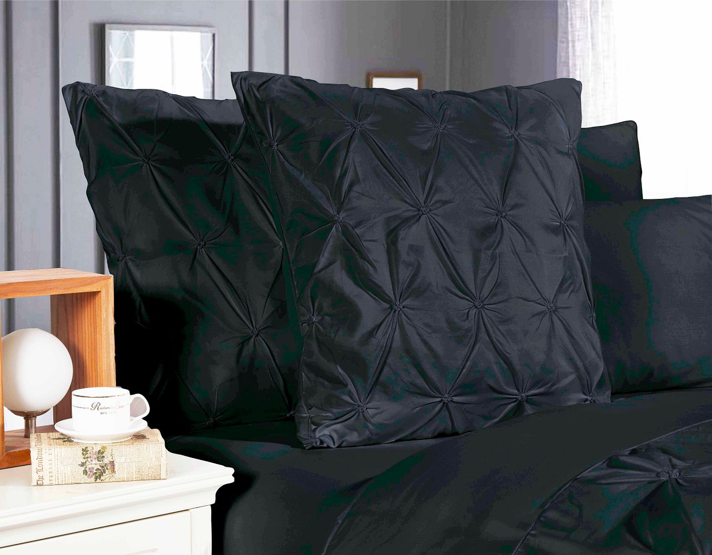 Diamond Pintuck Premium Ultra Soft European Pillowcases 2-Pack - Black - Newstart Furniture