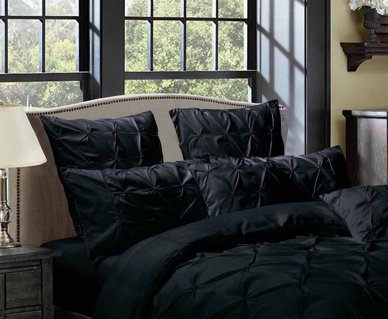 Diamond Pintuck Premium Ultra Soft European Pillowcases 2-Pack - Black - Newstart Furniture