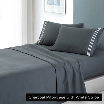 soft microfibre embroidered stripe sheet set double charcoal Pillowcase White Stripe - Newstart Furniture