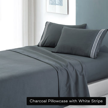 soft microfibre embroidered stripe sheet set king single charcoal pillowcase white stripe - Newstart Furniture