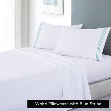 soft microfibre embroidered stripe sheet set queen white pillowcase blue stripe - Newstart Furniture