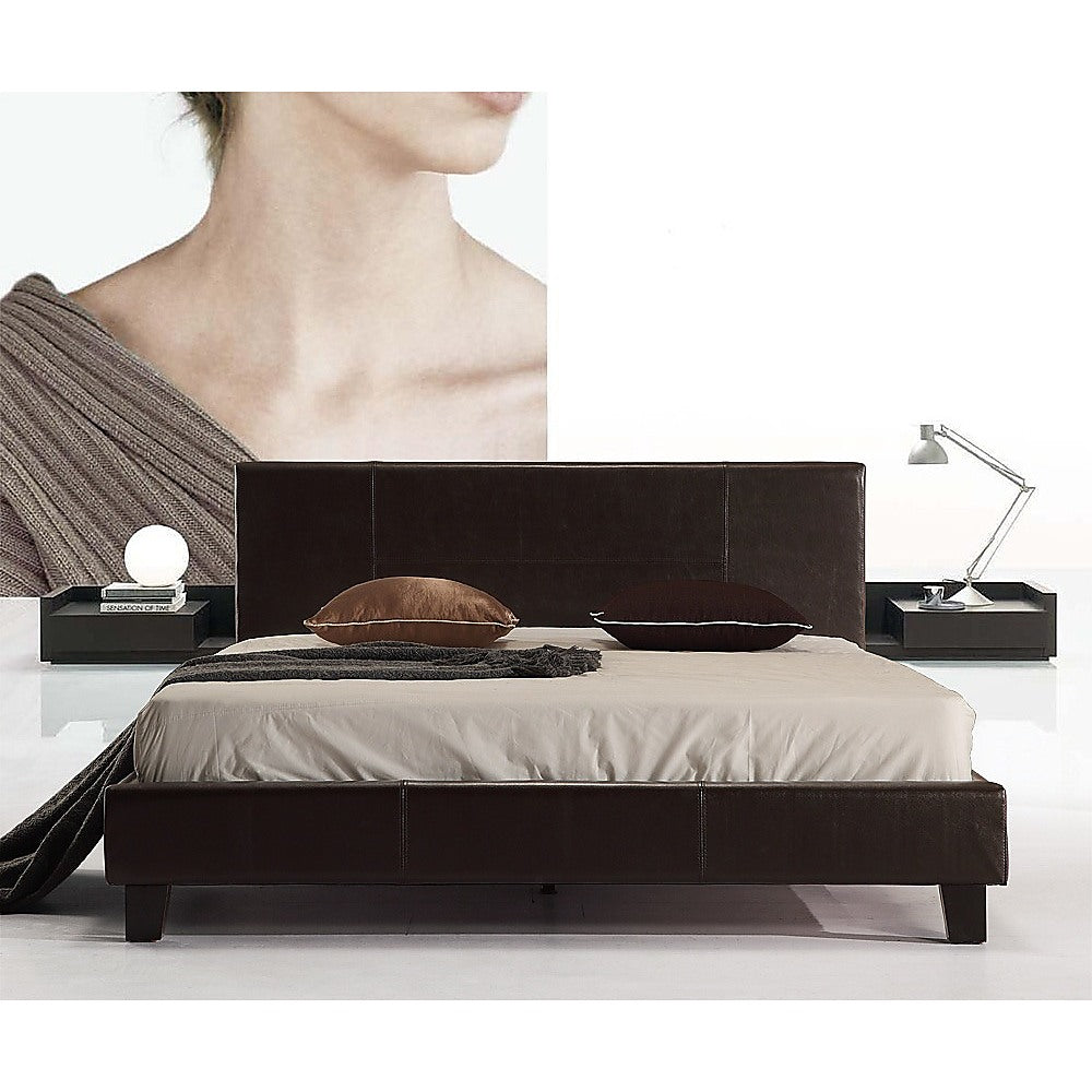 Double PU Leather Bed Frame Brown - Newstart Furniture