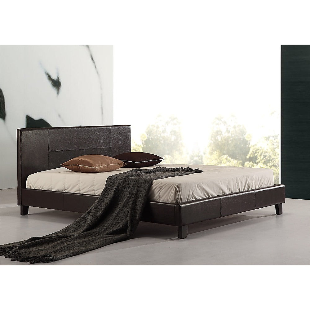 Double PU Leather Bed Frame Brown - Newstart Furniture