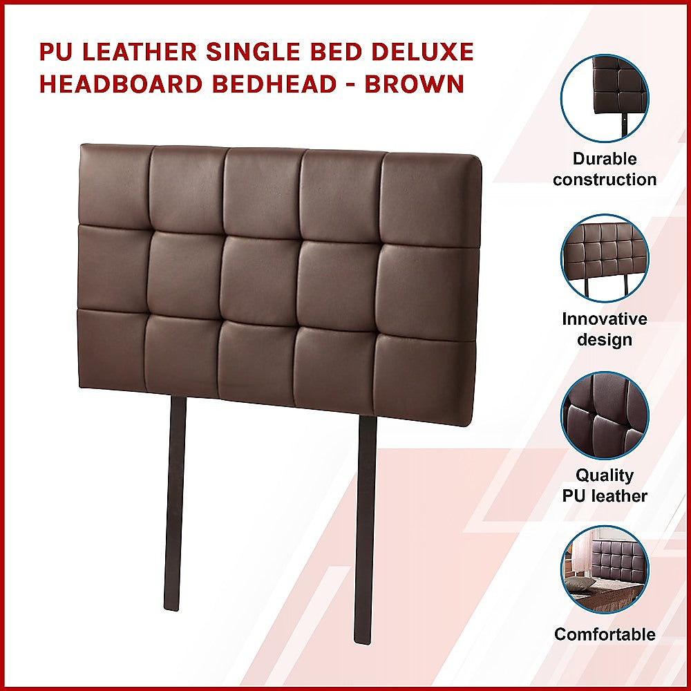 PU Leather Single Bed Deluxe Headboard Bedhead Brown
