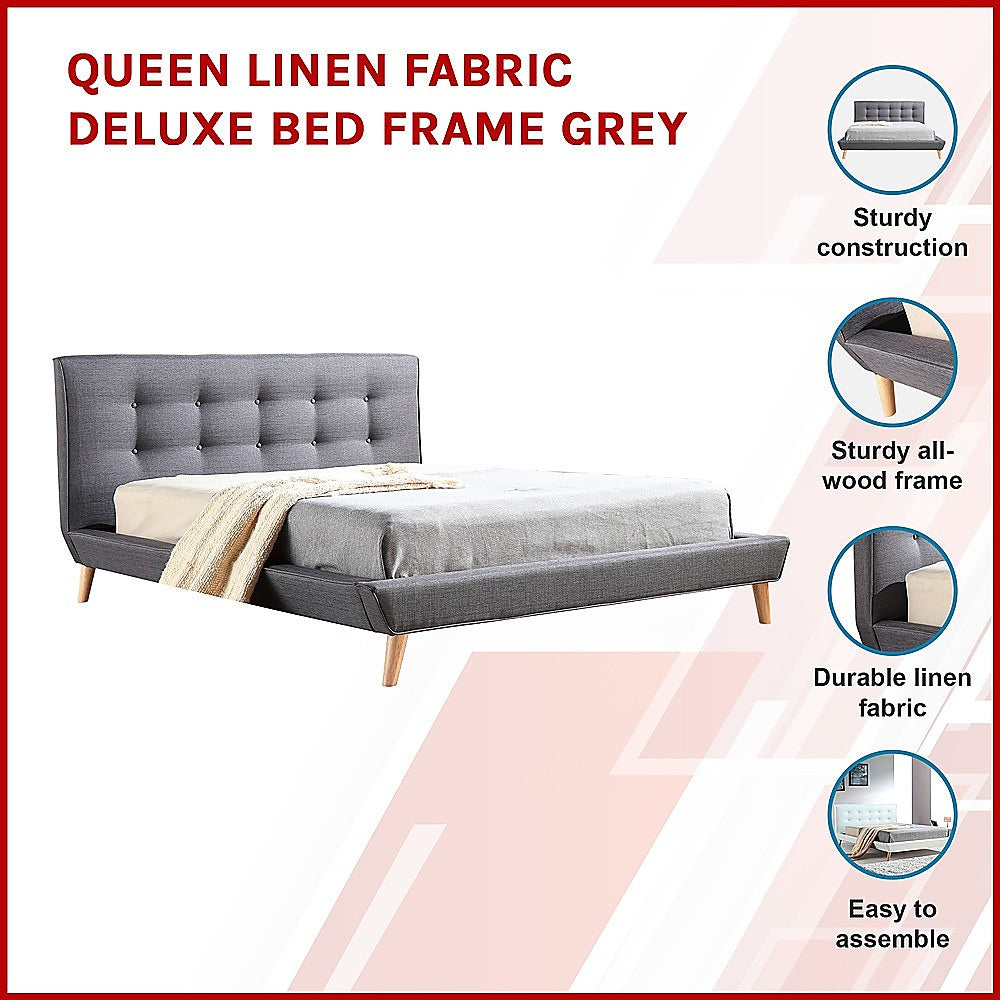 Palermo Grey Linen Queen Bed Frame with Tufted Headboard