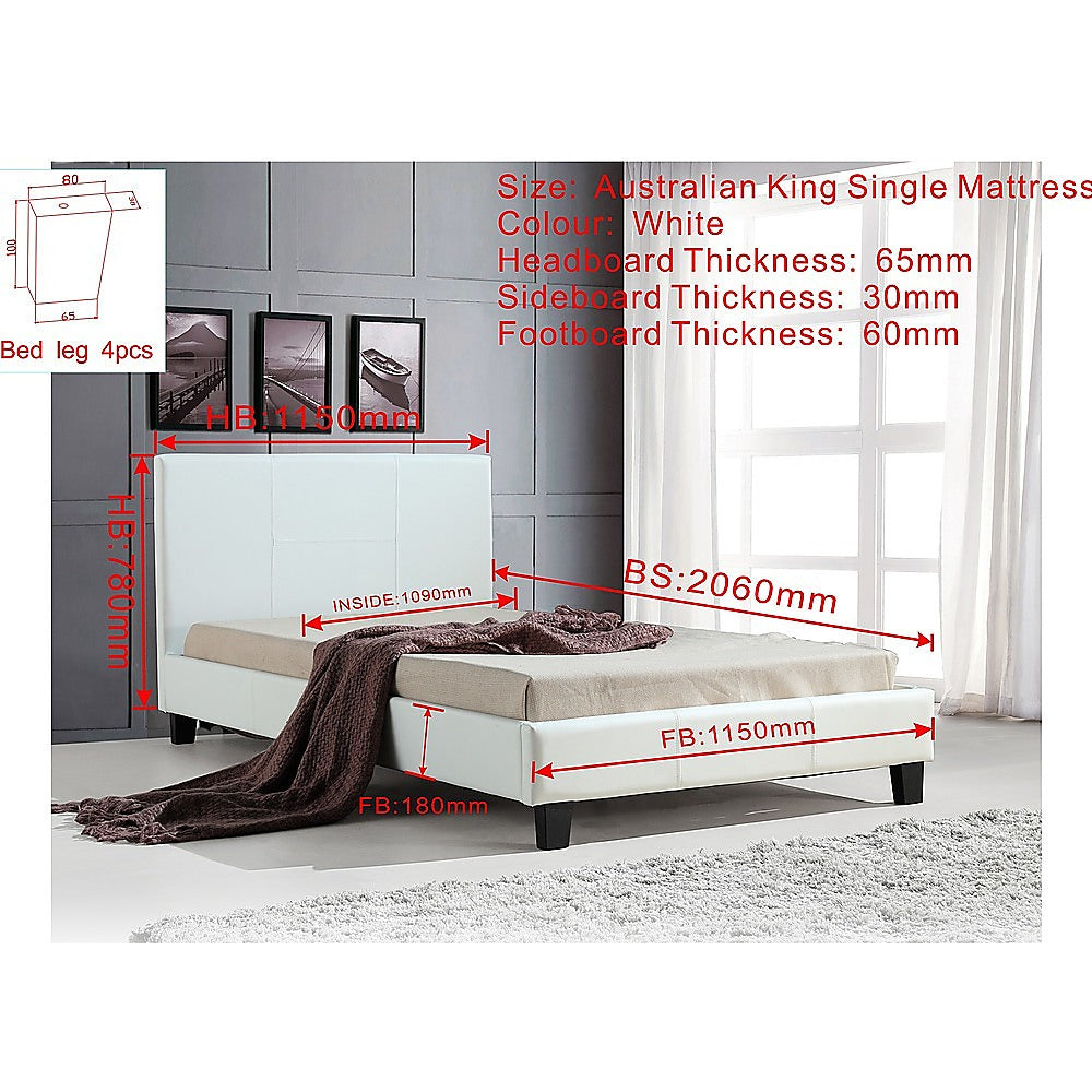 King Single PU Leather Bed Frame | White Palermo